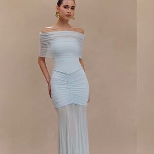 MESHKI never worn slinky and mesh off shoulder maxi Dress - Pale Blue